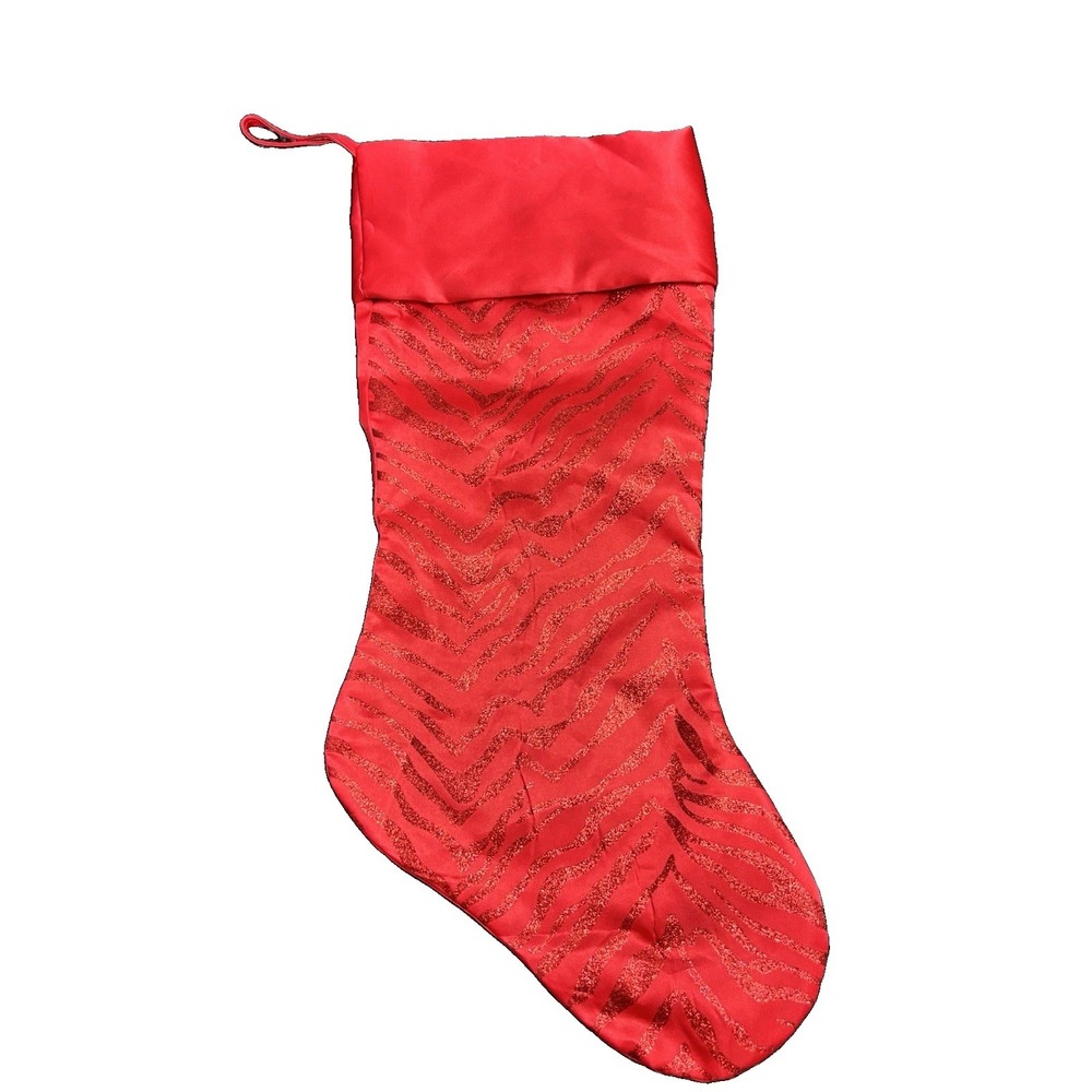 Christmas Stocking Red Glitter Zebra Stripes Animal Print 19 1/2 In. NWOT